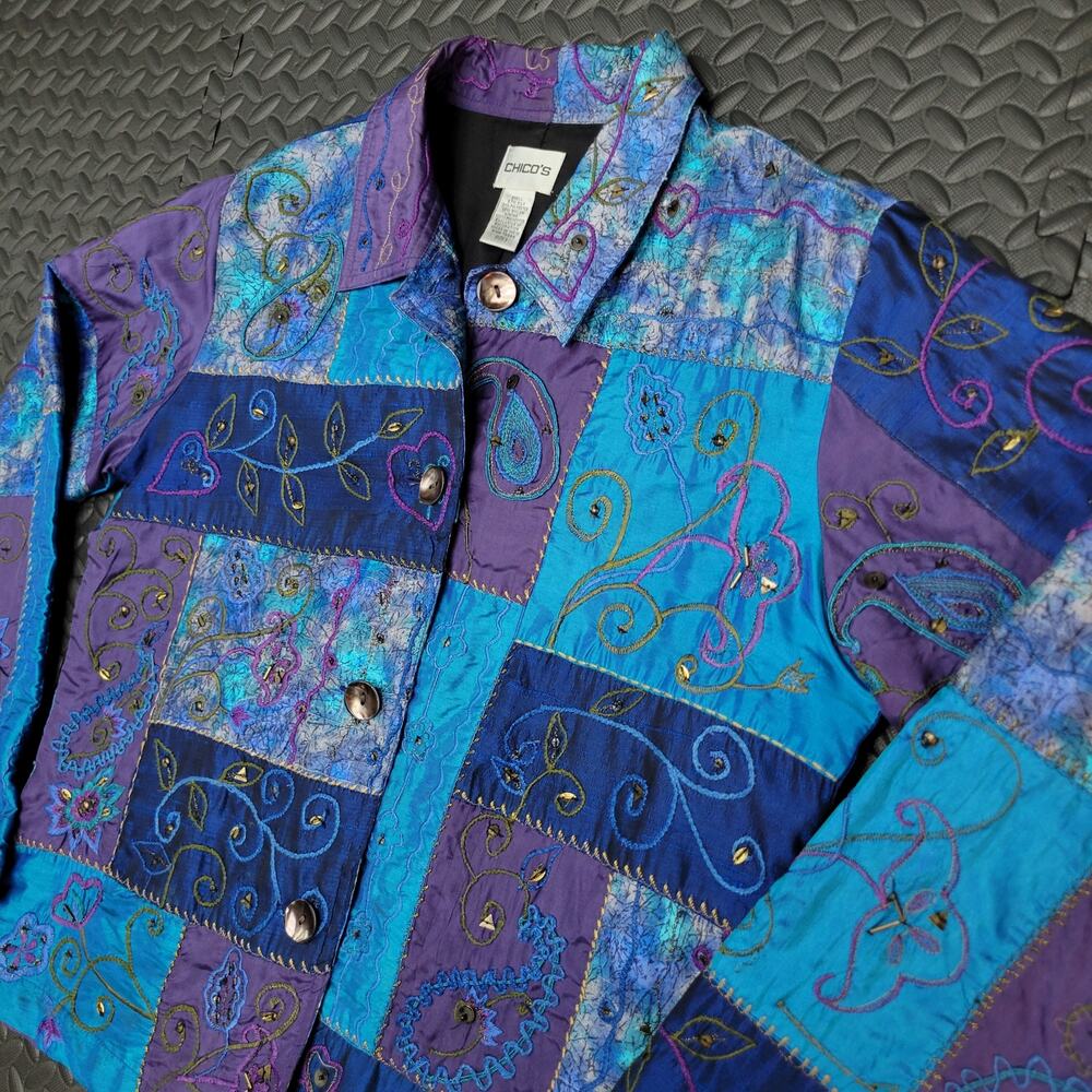 Vintage Chico’s Patchwork Silk Blend Embroidered Jacket Artsy Boho Size 1
